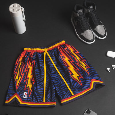 red splash bolts nba swingman basketball shorts inspired by golden state warriors throwback jersey
